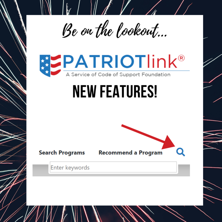 patriotlink new features announcement with an arrow pointing to a search bar